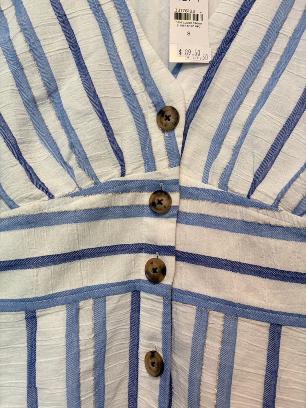 LOFT White and Blue Striped V-Neck Button-Front Midi Dress - Picture 6 of 8